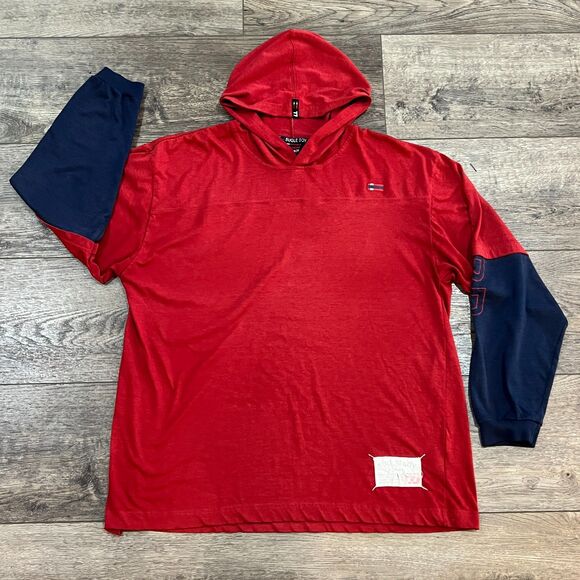 Vintage 90's Bugle Boy Red and Blue Hoodie Shirt - Men's Size Large - Picture 1 of 8